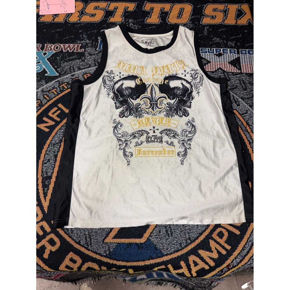 MMA Elite Mens Tank Top White Black Skull Fleur De Lis Graphic Jersey XL